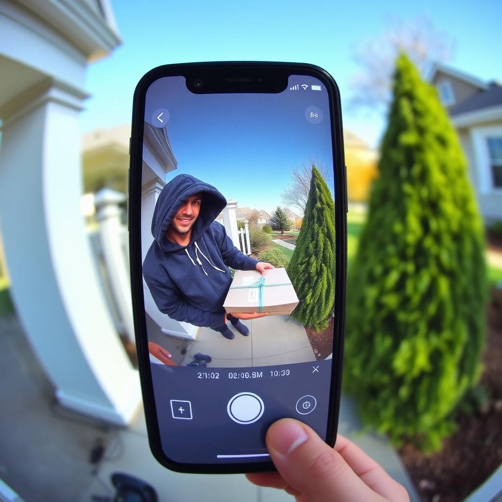 Smartphone affichant la vidéo de la caméra : une personne prend un colis sur les marches