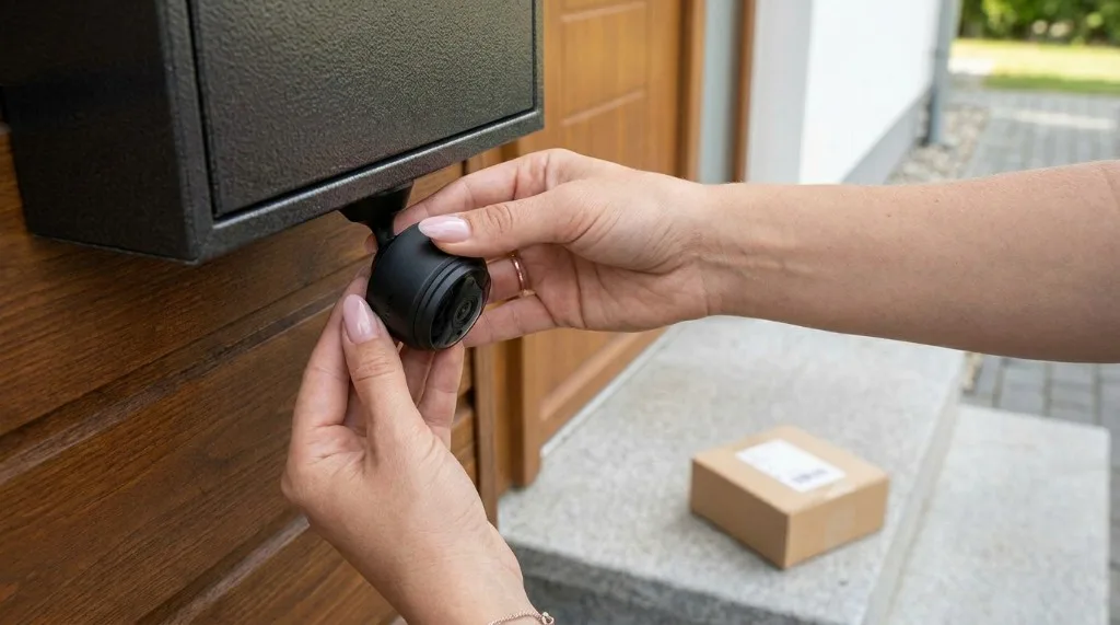 Mini-caméra SpyFocus Ergkedocum fixée au boîtier aux lettres près de la porte d'entrée